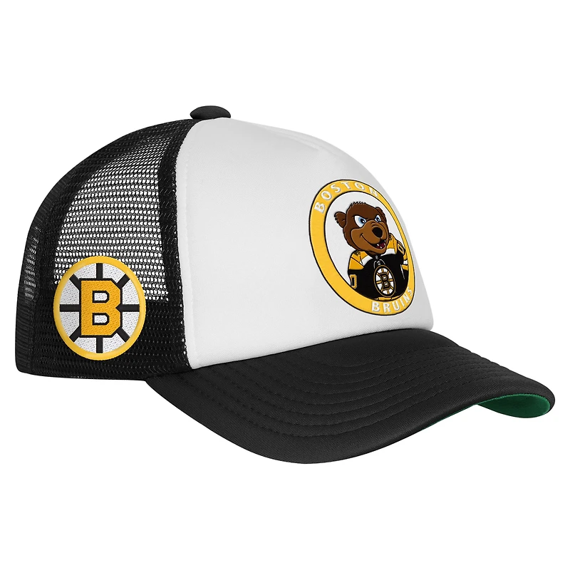 Casquette de camionneur ajustable blanche Mitchell & Ness pour jeunes, mascotte des Bruins de Boston