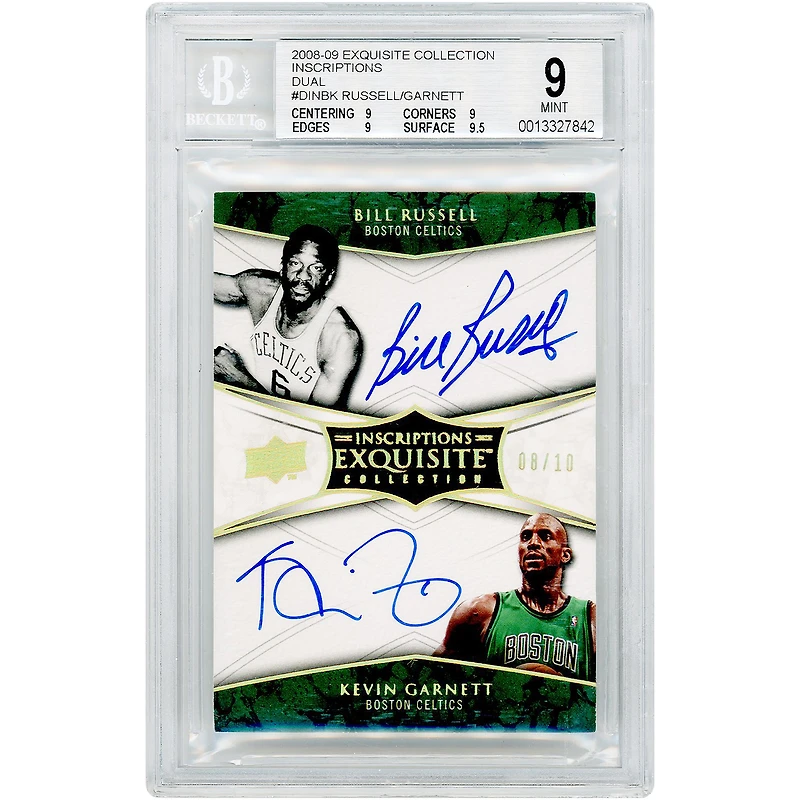 Bill Russell & Kevin Garnett Boston Celtics Autographed 2008-09 Upper Deck Exquisite Collection Inscriptions Dual Auto #DIN-BK #8/10 BGS Authenticated 9/10 Card - 9,9,9,9.5 Subgrades