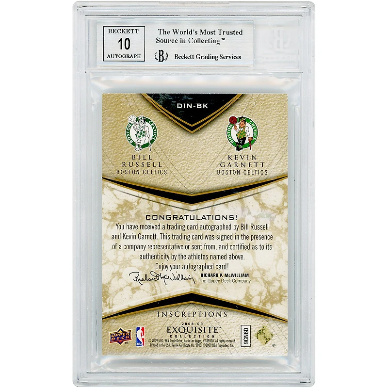 Bill Russell & Kevin Garnett Boston Celtics Autographed 2008-09 Upper Deck Exquisite Collection Inscriptions Dual Auto #DIN-BK #8/10 BGS Authenticated 9/10 Card - 9,9,9,9.5 Subgrades
