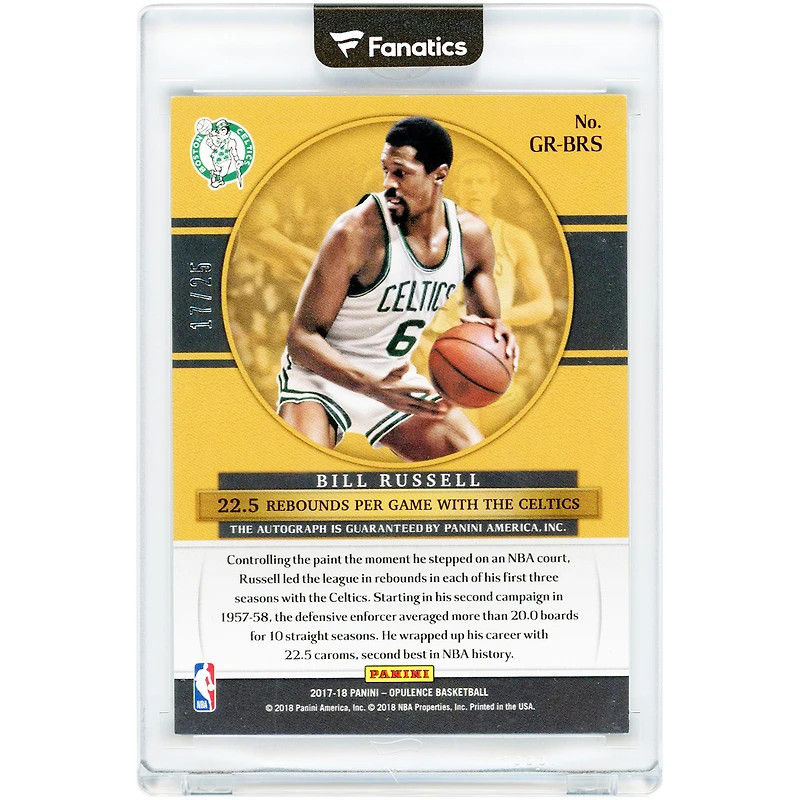 Carte autographiée de Bill Russell (Boston Celtics) 2017-18 Panini Opulence Gold Records #GR-BRS #17/25