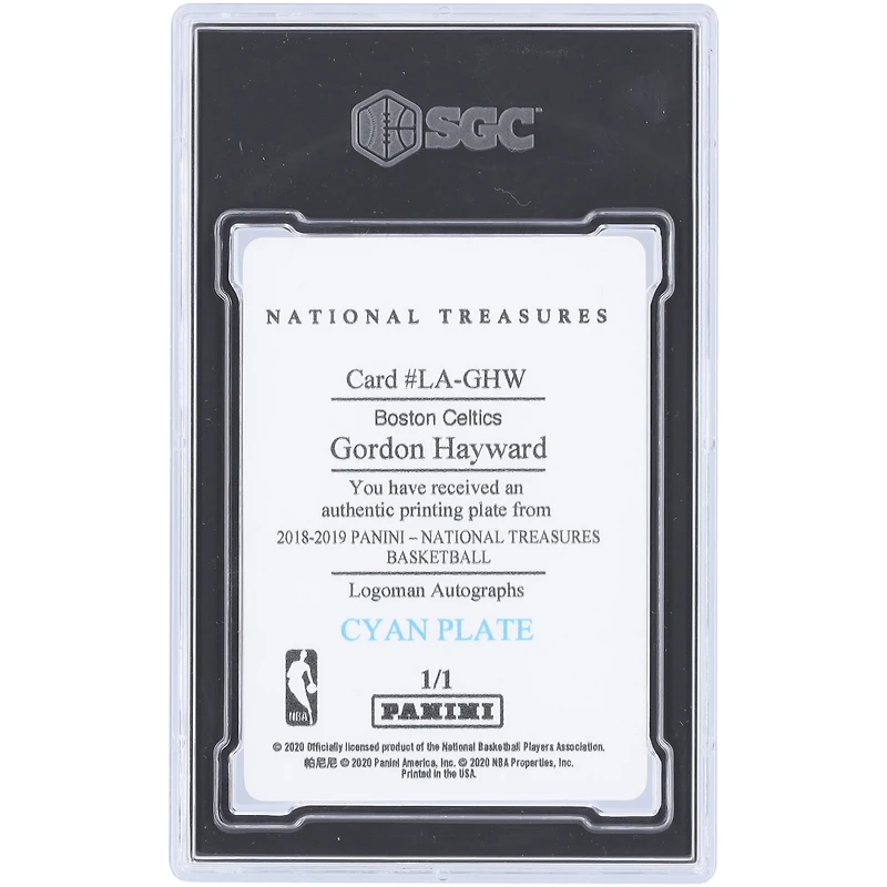 Gordon Hayward Boston Celtics 2018-19 Panini National Treasures Cyan Printing Plate #LA-GHW #1/1 SGC Authenticated Auth Card