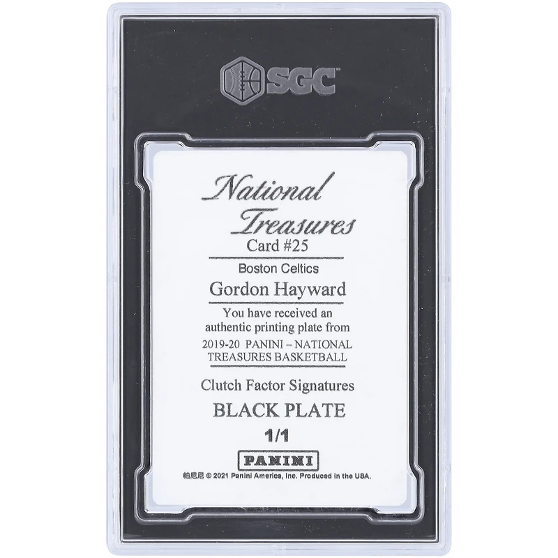 Gordon Hayward Boston Celtics 2019-20 Panini National Treasures Black Printing Plate #25 #1/1 SGC Authenticated Auth Card