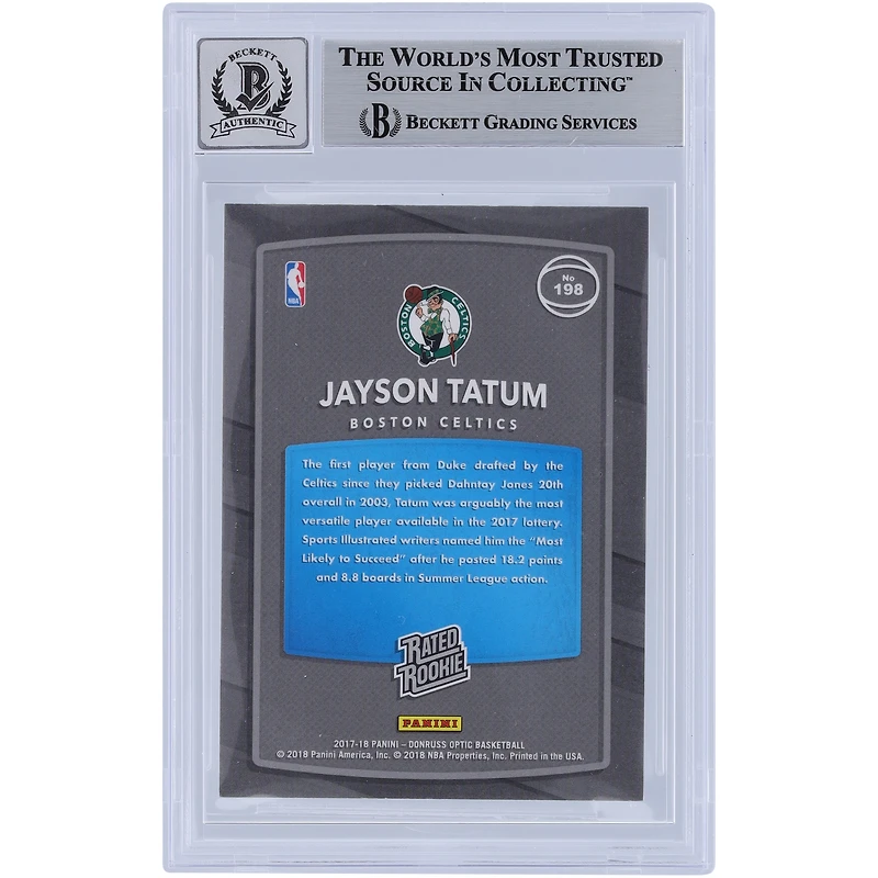 Jayson Tatum Boston Celtics Carte Rookie 9/10 authentifiée 2017-18 Panini Donruss Optic, classée Rookie #198, Beckett Fanatics Witnessed
