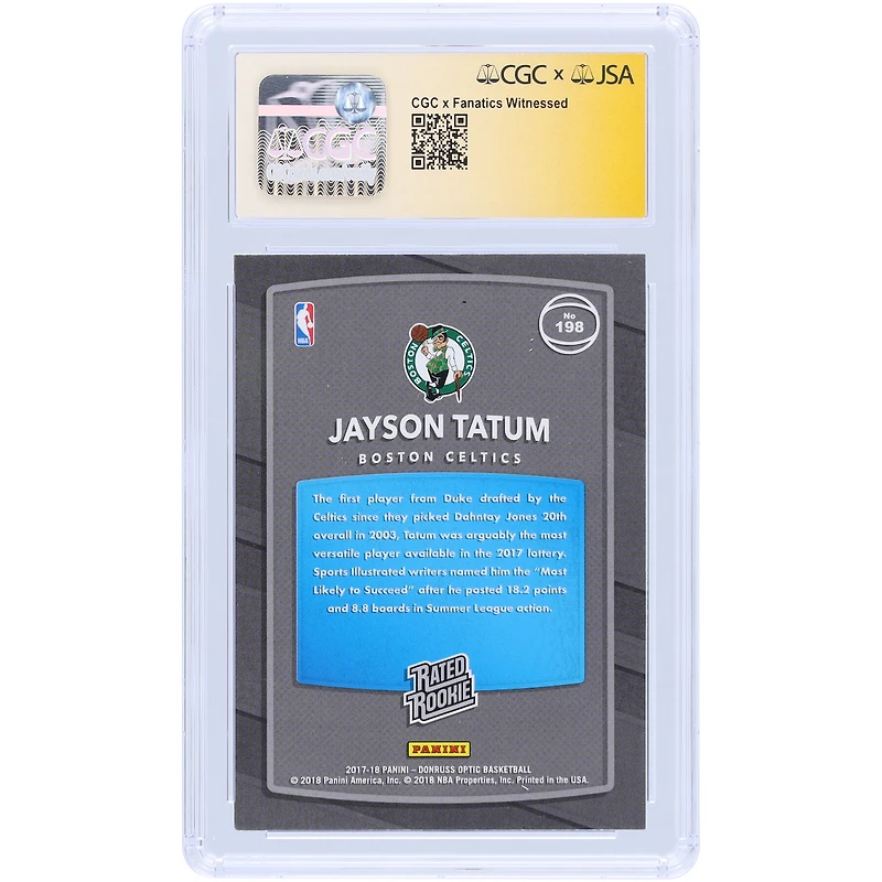 Jayson Tatum Boston Celtics Autographed 2017-18 Panini Donruss Optic Rated Rookie #198 CGC Fanatics Witnessed Authenticated 9/10 Rookie Card