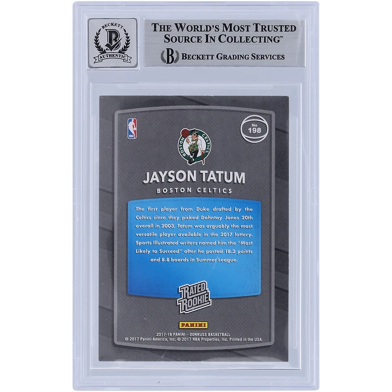 Jayson Tatum Boston Celtics Carte Rookie 9/10 authentifiée 2017-18 Panini Donruss classée Rookie #198 Beckett Fanatics Witnessed