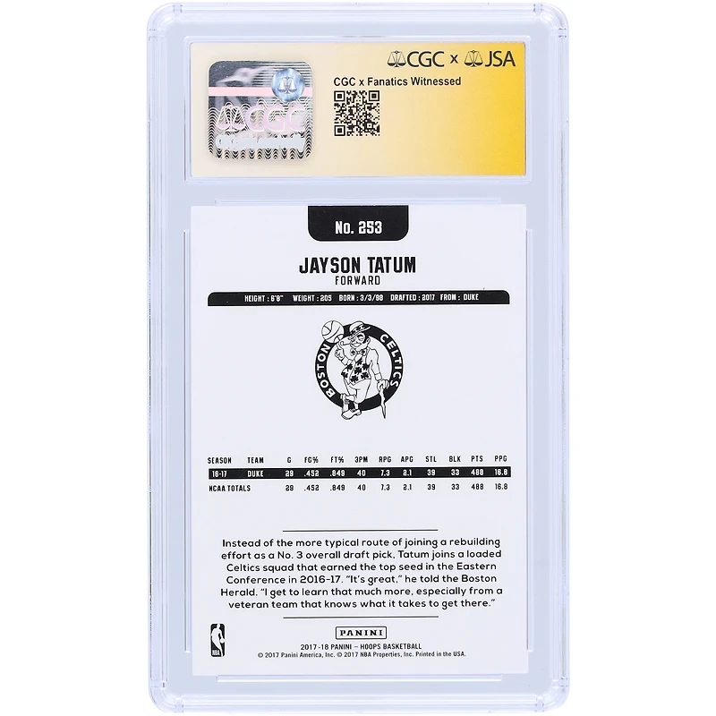 Jayson Tatum Boston Celtics Autographed 2017-18 Panini Hoops #253 CGC Fanatics Witnessed Authenticated Auto 10 Rookie Card