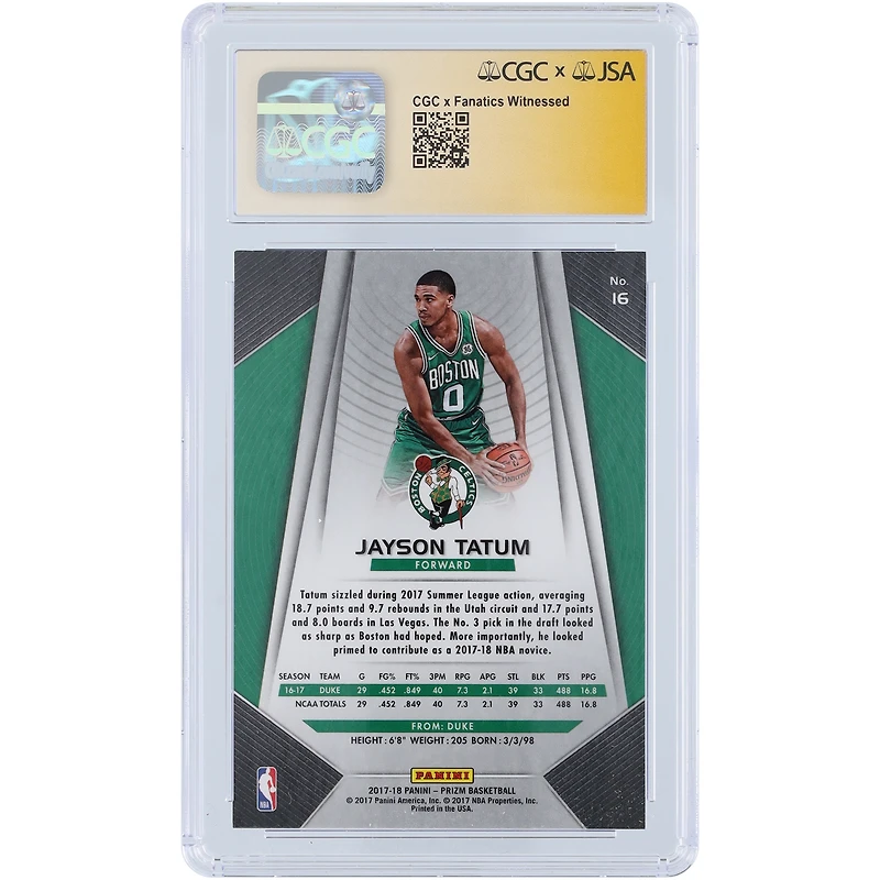 Jayson Tatum Boston Celtics Autographed 2017-18 Panini Prizm #16 CGC Fanatics Witnessed Authenticated 9/10 Rookie Card