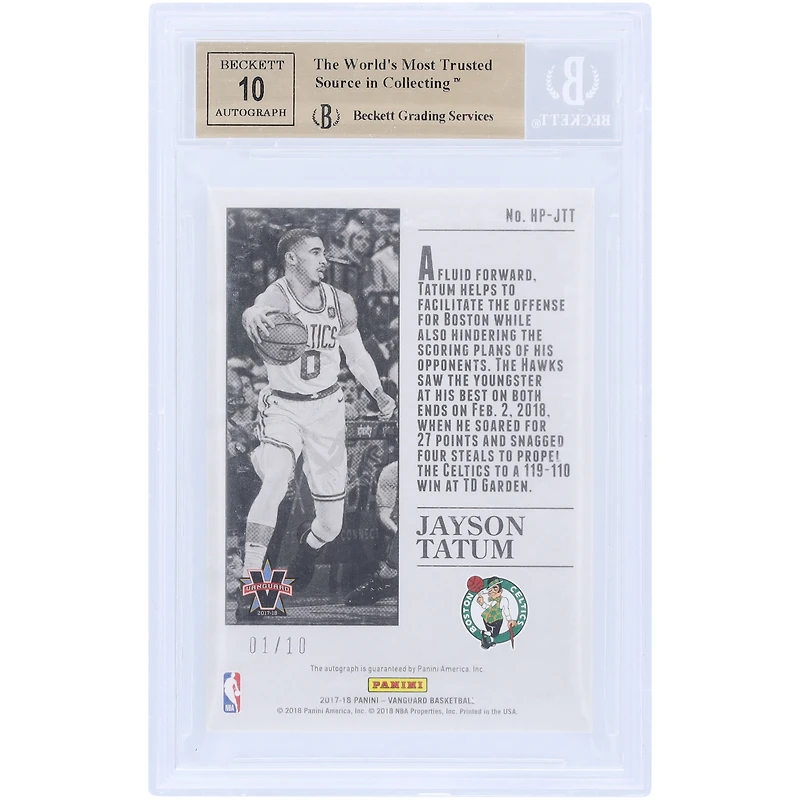 Jayson Tatum Boston Celtics Autographié 2017-18 Panini Vanguard Tout juste sorti de la presse Or #HP-JTT #1/10 BGS Authentifié 9.5/10 Carte Rookie - 9.5,9,9.5,10 Sous-grades