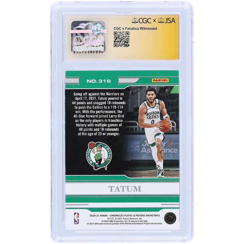 Jayson Tatum Boston Celtics Autographed 2020-21 Panini Chronicles Plates & Patches Red #316 #/149 CGC Fanatics Witnessed Authenticated 9/10 Card