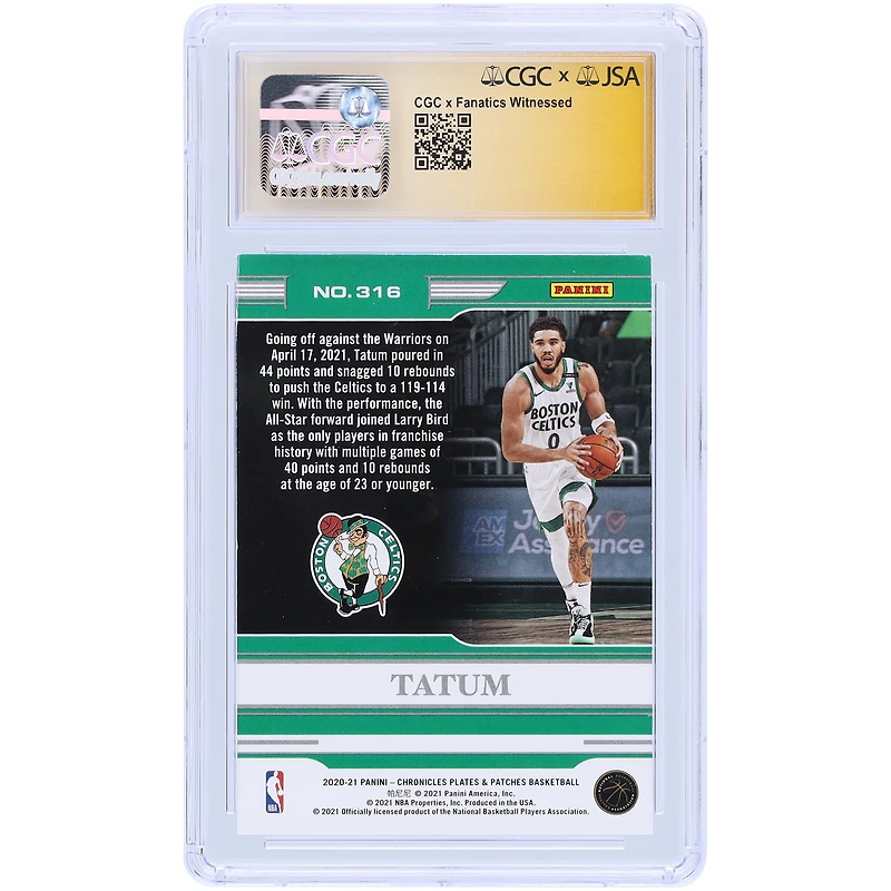 Jayson Tatum Boston Celtics Autographed 2020-21 Panini Chronicles Plates & Patches Red #316 #/149 CGC Fanatics Witnessed Authenticated Auto 10 Card
