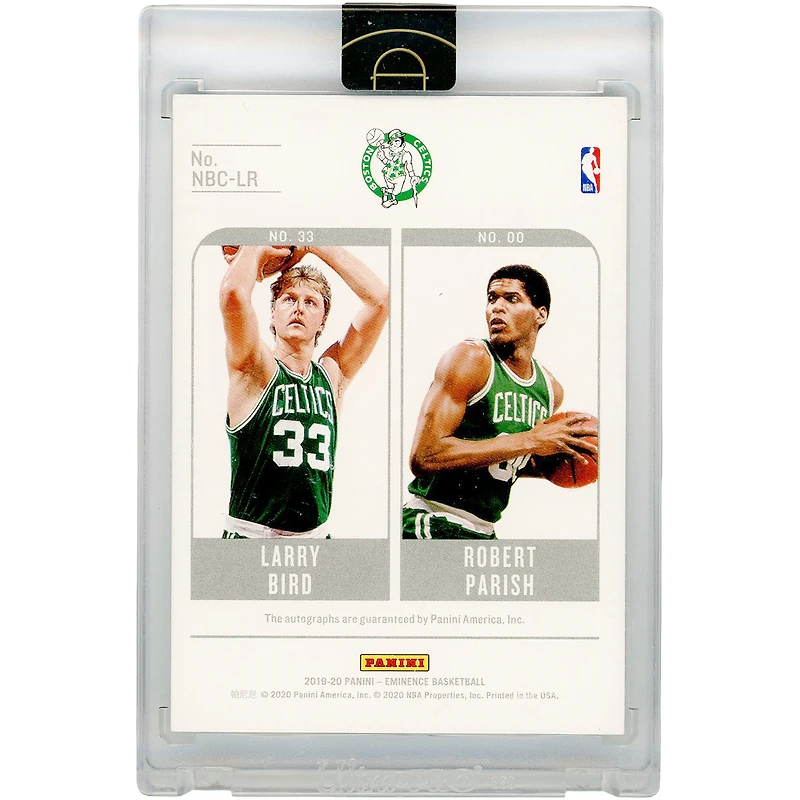 Carte Panini Eminence 1981 Champions NBA #NBC-LR #4/5 autographiée par Larry Bird et Robert Parrish (Boston Celtics), saison 2019-2020