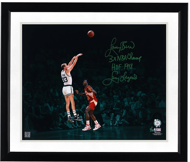 Larry Bird Boston Celtics Autographed 16" x 20" Shot Over Wilkins Green Spotlight Photograph with Multiple Inscriptions - Limited Edition of 33