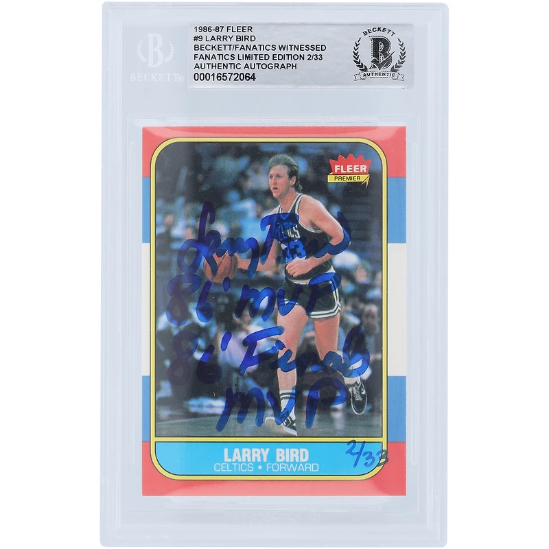 Carte authentifiée autographiée par Larry Bird Boston Celtics 1986-87 Fleer #9 #/33 Beckett Fanatics Witnessed avec plusieurs inscriptions