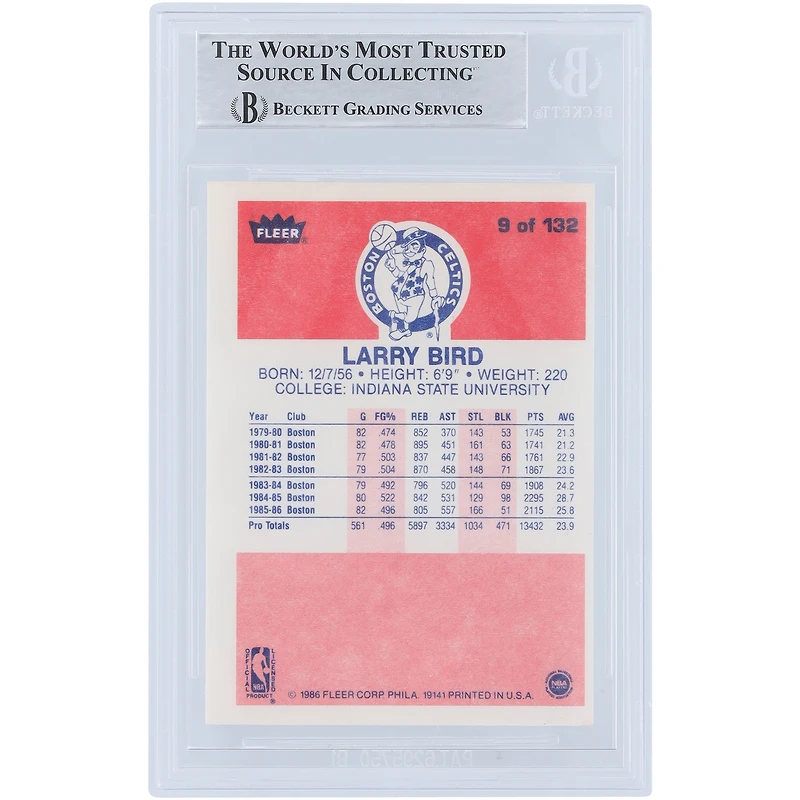 Carte authentifiée autographiée par Larry Bird Boston Celtics 1986-87 Fleer #9 #/33 Beckett Fanatics Witnessed avec plusieurs inscriptions