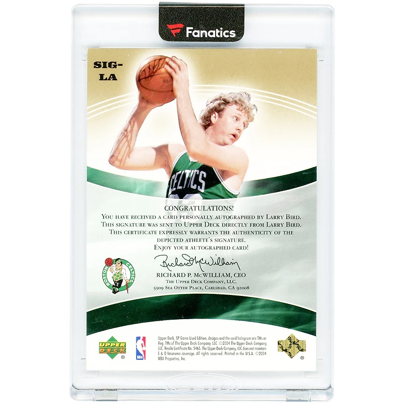 Larry Bird Boston Celtics Autographed 2003-04 Upper Deck SP Game Used Gold Significance #SIG-LA #10/10 Card