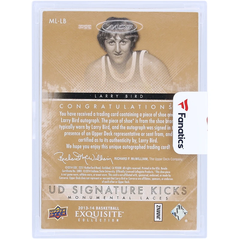 Carte autographiée Upper Deck Exquisite Collection Signature Kicks #ML-LB #4/10 de Larry Bird Boston Celtics 2013-14