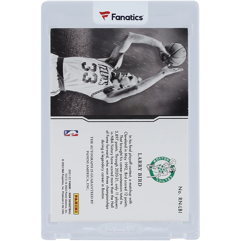 Carte Panini Noir Holo Gold Reigning Nights 2021-22 dédicacée par Larry Bird des Boston Celtics #RN-LBI #2/10
