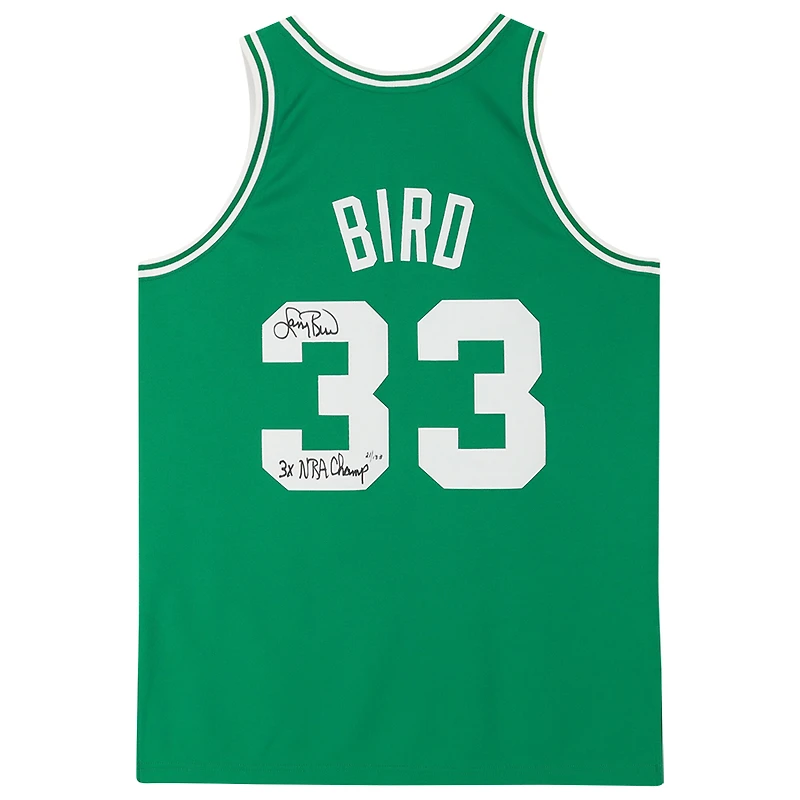 Maillot authentique autographié par Larry Bird Boston Celtics Mitchell & Ness 1985-1986 vert avec inscription « 3x NBA Champ » - Édition limitée à 133 exemplaires