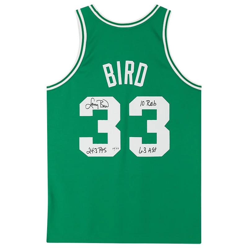 Maillot authentique dédicacé par Larry Bird Boston Celtics Mitchell & Ness 1985-1986 vert avec inscriptions multiples - Édition limitée à 33 exemplaires
