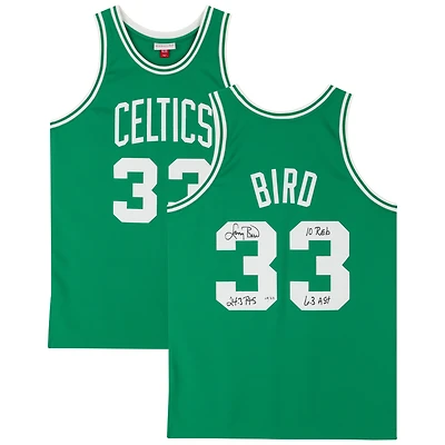 Maillot authentique dédicacé par Larry Bird Boston Celtics Mitchell & Ness 1985-1986 vert avec inscriptions multiples - Édition limitée à 33 exemplaires