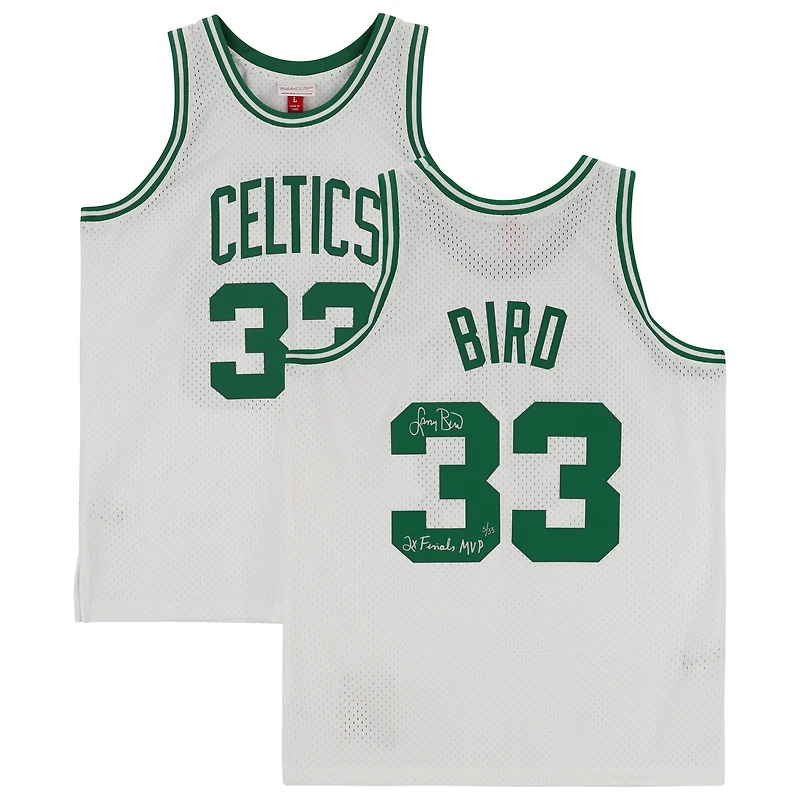 Maillot Swingman blanc autographié par Larry Bird des Boston Celtics Mitchell & Ness 1985-86 avec inscription « 2x Finals MVP » - Édition limitée à 33 exemplaires