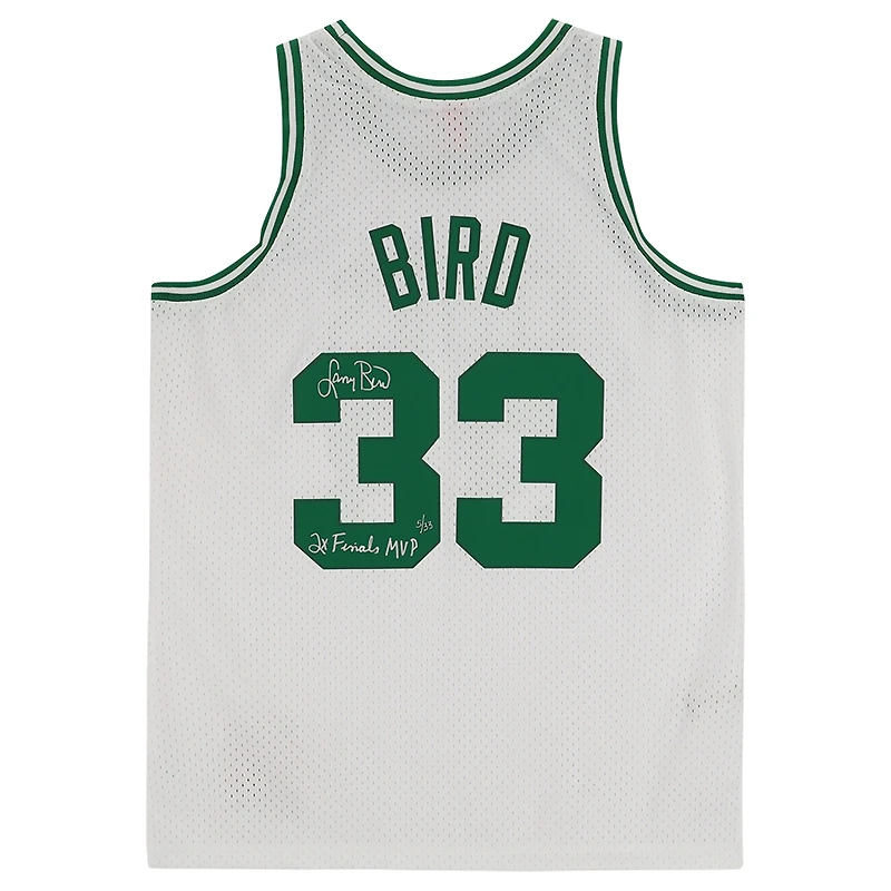 Maillot Swingman blanc autographié par Larry Bird des Boston Celtics Mitchell & Ness 1985-86 avec inscription « 2x Finals MVP » - Édition limitée à 33 exemplaires