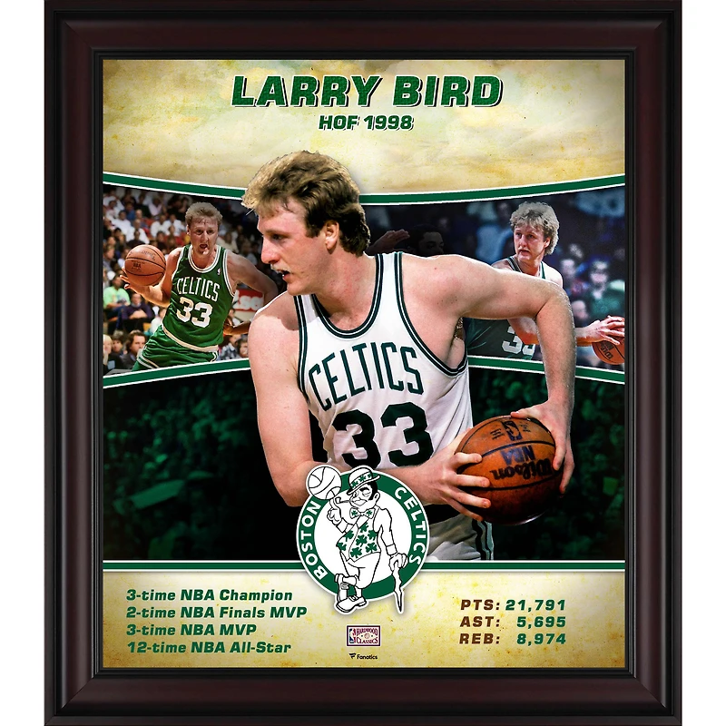 Collage de joueurs encadré en bois dur de 15" x 17" des Celtics de Boston, Larry Bird