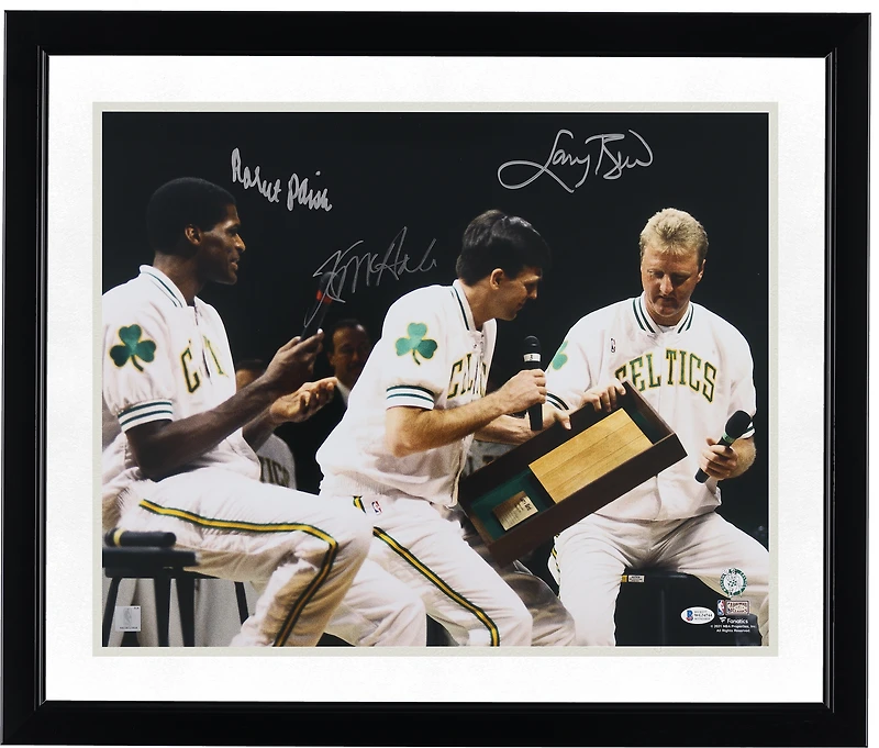 Larry Bird, Robert Parish & Kevin McHale Boston Celtics Autographed 16" x 20" Brid Jersey Retirement Ceremony Photograph