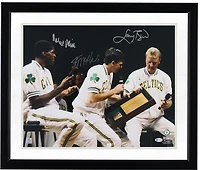 Larry Bird, Robert Parish & Kevin McHale Boston Celtics Autographed 16" x 20" Brid Jersey Retirement Ceremony Photograph