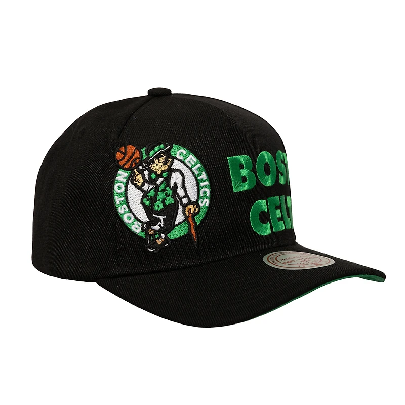 Men's Mitchell & Ness  Black Boston Celtics Busted Logo Wordmark Wrap-Around Pro Pinch Adjustable Hat