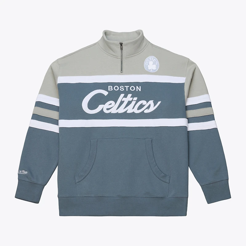Veste à col zippé Mitchell & Ness bleue pour homme, modèle Boston Celtics Thunderstorm Head Coach.