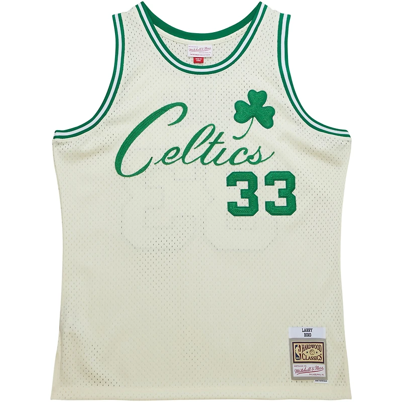 Men's Mitchell & Ness Larry Bird Cream Boston Celtics Chainstitch Swingman Jersey