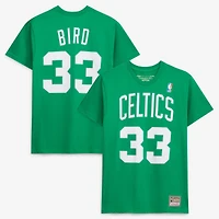 Men's Mitchell & Ness Larry Bird Kelly Green Boston Celtics Hardwood Classics Stitch Name Number T-Shirt