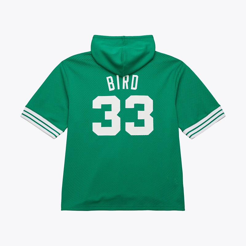 Men's Mitchell & Ness Larry Bird Kelly Green Boston Celtics Mesh Name Number Short Sleeve Hoodie