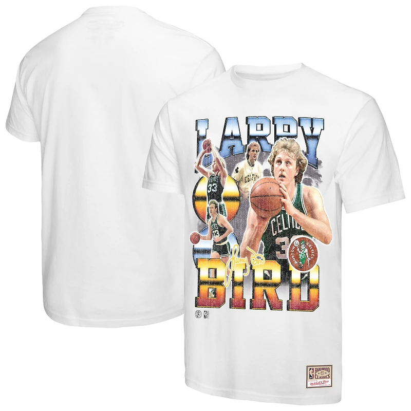 T-shirt commémoratif Mitchell & Ness Larry Bird pour homme, motif collage blanc des Boston Celtics