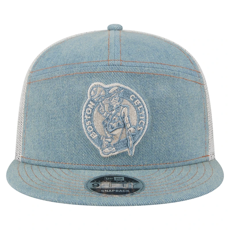 Men's New Era Boston Celtics Adventure Denim Split Panel 9FIFTY Snapback Trucker Hat