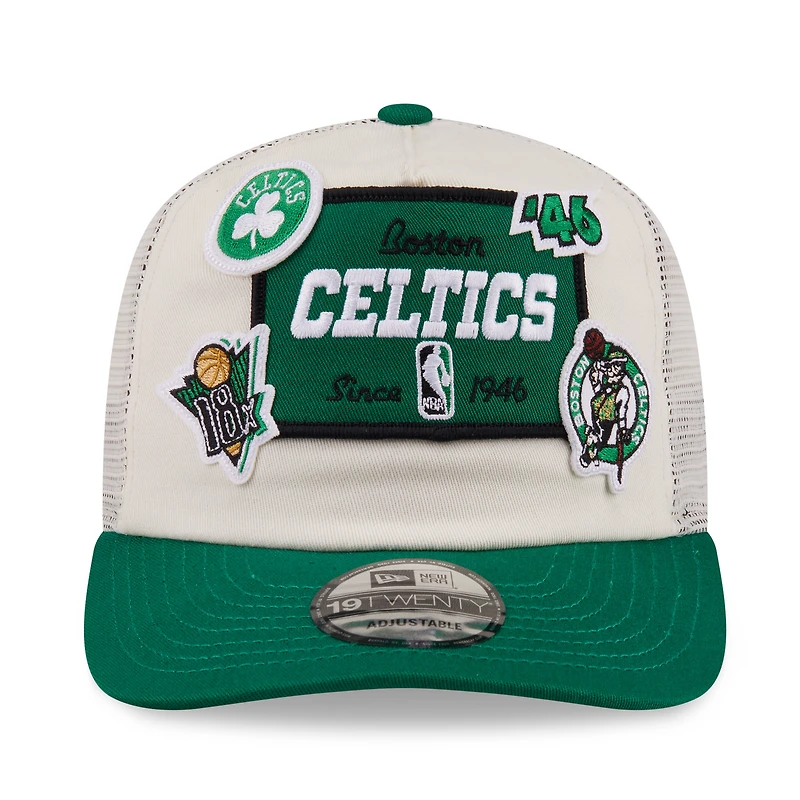 Men's New Era Cream Boston Celtics Layered Patch 19TWENTY Adjustable Hat