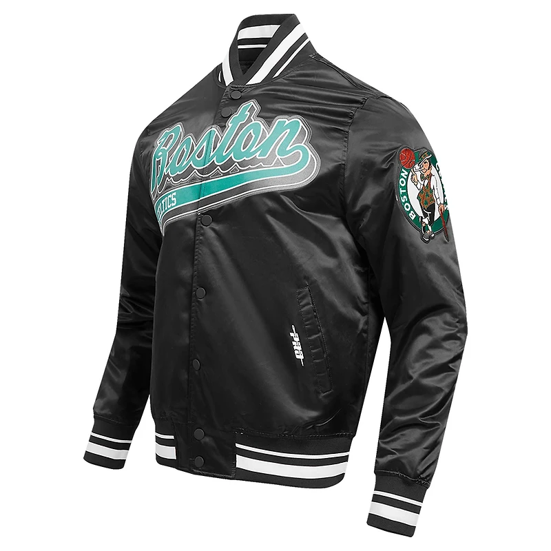Men's Pro Standard Black Boston Celtics Script Tail Full-Snap Satin Varsity Jacket