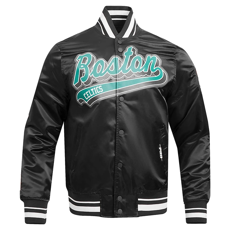 Men's Pro Standard Black Boston Celtics Script Tail Full-Snap Satin Varsity Jacket