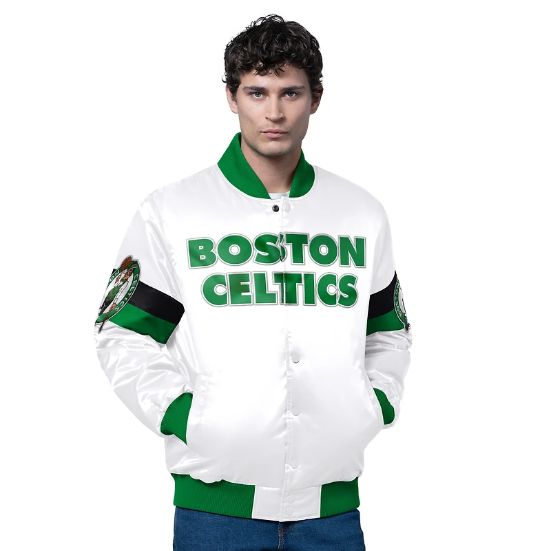 Men's Starter White Boston Celtics Triple Option Varsity Full-Snap Satin Jacket