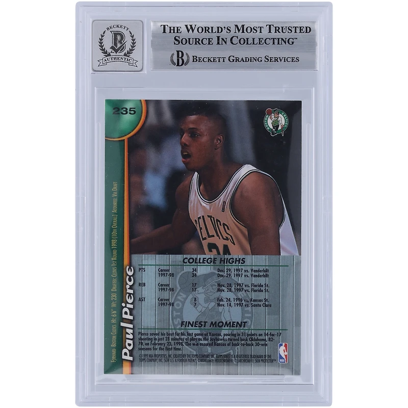 Paul Pierce Boston Celtics 1998-99 Topps Finest No Protector #235 Beckett Fanatics Witnessed Authenticated 10 Rookie Card