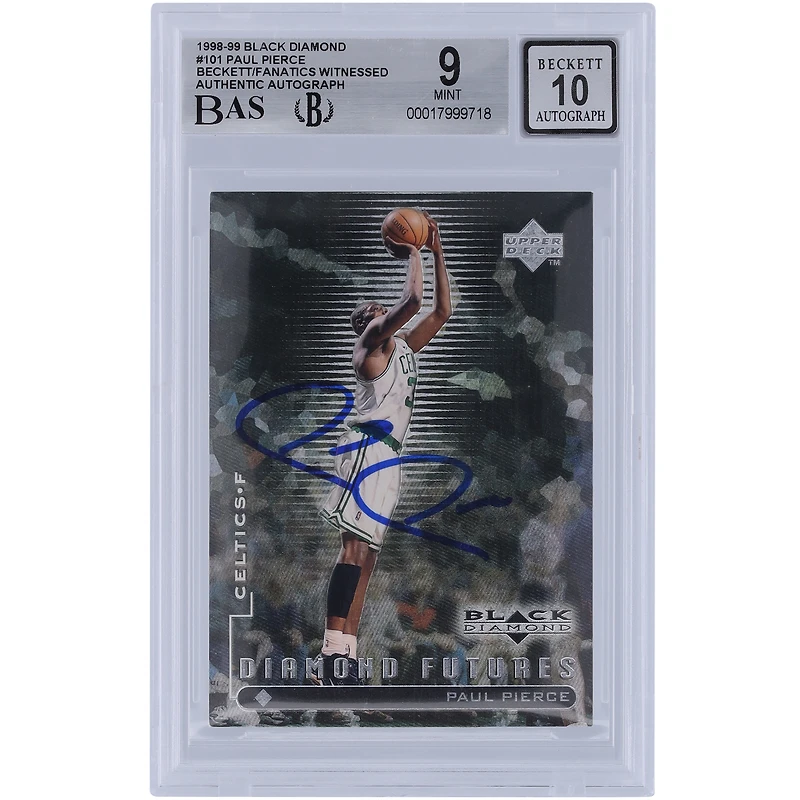 Paul Pierce Boston Celtics autographié 1998-99 Upper Deck Black Diamond #101 Beckett Fanatics Witnessed Authenticed 9/10 Rookie Card