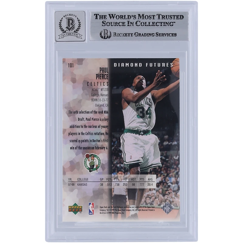 Paul Pierce Boston Celtics autographié 1998-99 Upper Deck Black Diamond #101 Beckett Fanatics Witnessed Authenticed 9/10 Rookie Card