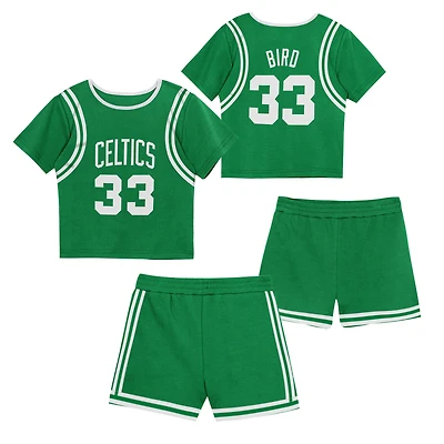 Ensemble t-shirt et short Mitchell & Ness Larry Bird vert Kelly Boston Celtics Play by Place pour enfants d'âge préscolaire