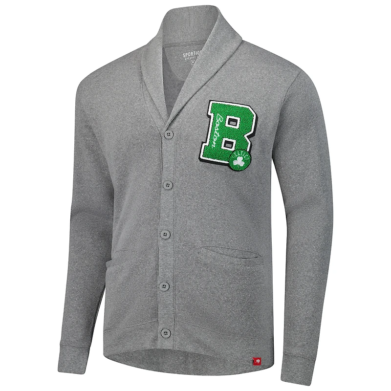Pull cardigan unisexe Sportiqe gris chiné à boutons Henshaw des Boston Celtics