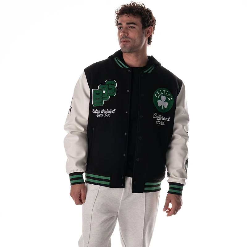 Unisex The Wild Collective  Black Boston Celtics Full-Snap Hooded Wool Varsity Jacket