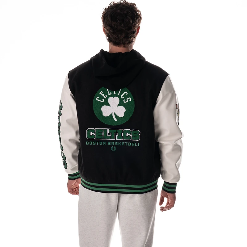 Veste universitaire unisexe en laine à capuche et boutons-pression noirs The Wild Collective Boston Celtics