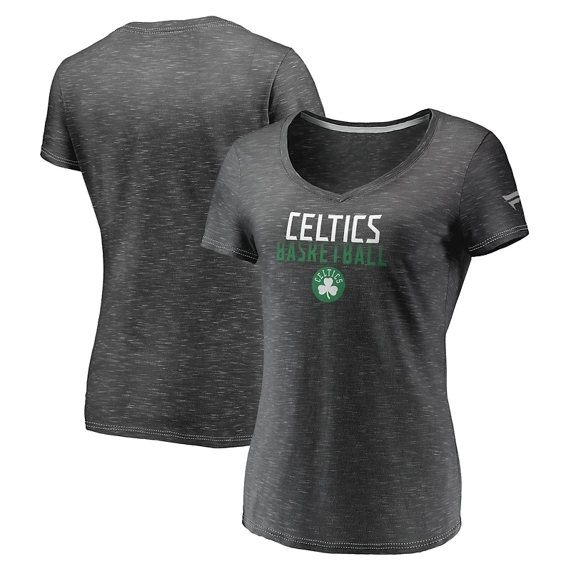 T-shirt à col en V double fondu et teinture spatiale Fanatics Charcoal Boston Celtics pour femmes