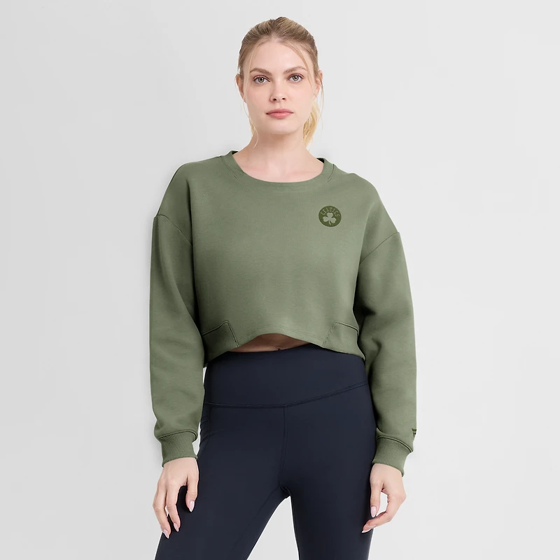 Women's Fanatics Olive Boston Celtics Studio Tri-Blend Cropped Pullover Sweatshirt