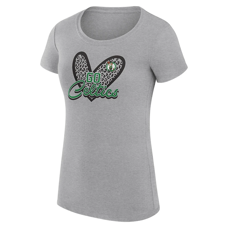 Women's G-III 4Her by Carl Banks Heather Gray Boston Celtics Super-Slim Fit Lightweight Leopard Heart T-Shirt